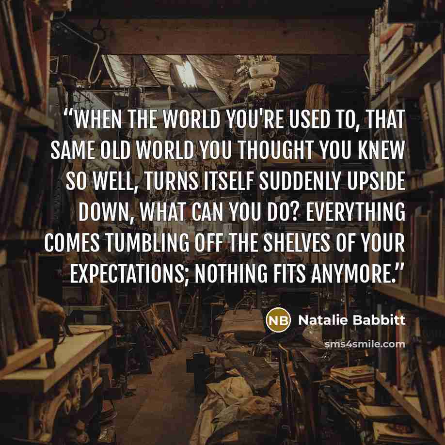 “When the world you're used to, that same old world you thought you knew so well, turns itself suddenly upside down, what can you do? Everything comes tumbling off the shelves of your expectations; nothing fits anymore.” quote by Natalie Babbitt