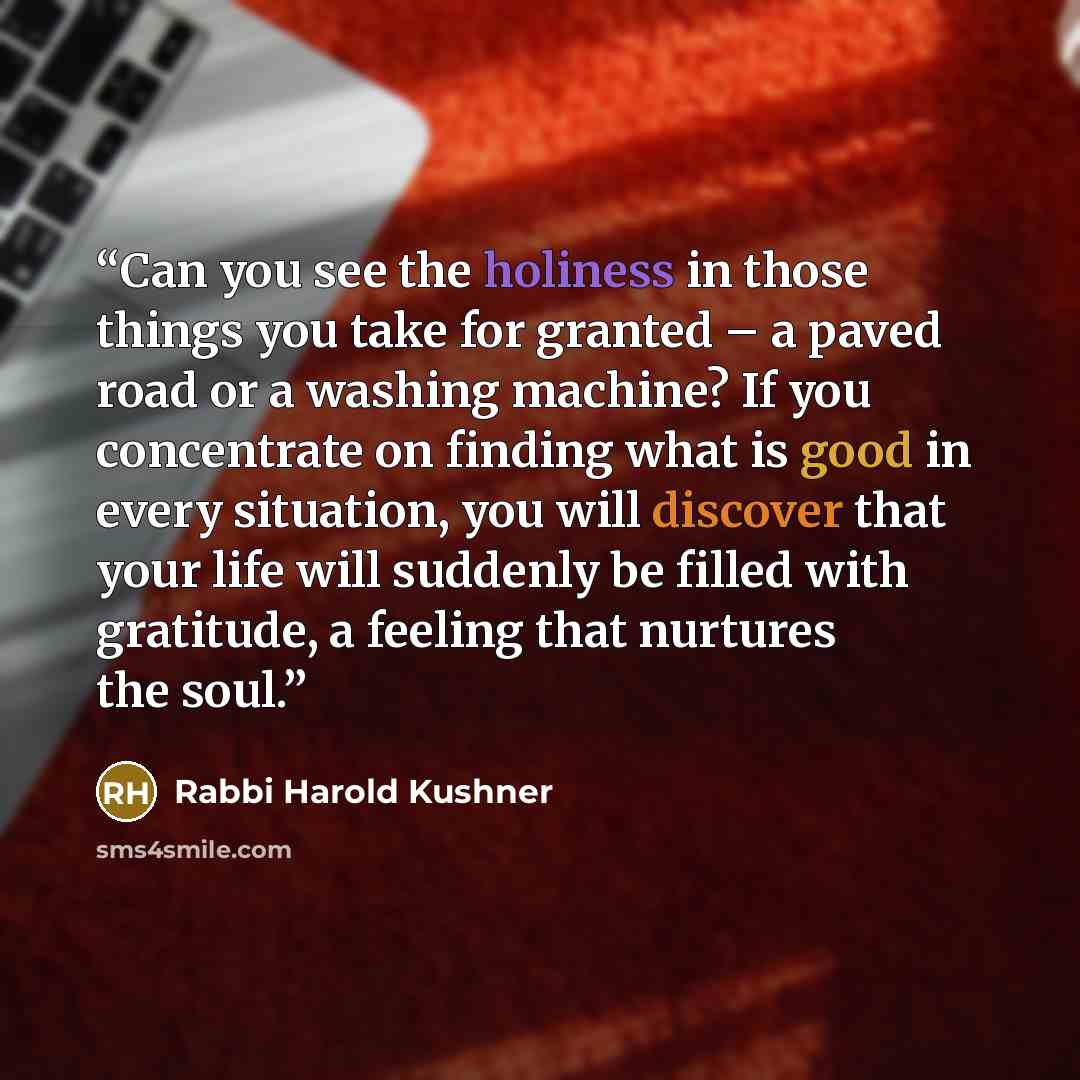 “Can you see the holiness in those things you take for granted – a paved road or a washing machine? If you concentrate on finding what is good in every situation, you will discover that your life will suddenly be filled with gratitude, a feeling that nurtures the soul.” quote by Rabbi Harold Kushner