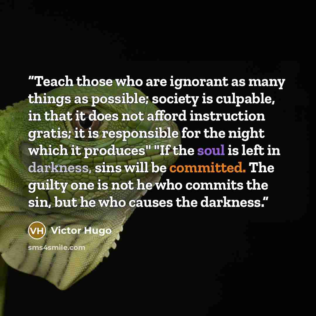 “Teach those who are ignorant as many things as possible; society is culpable, in that it does not afford instruction gratis; it is responsible for the night which it produces" "If the soul is left in darkness, sins will be committed. The guilty one is not he who commits the sin, but he who causes…” quote by Victor Hugo