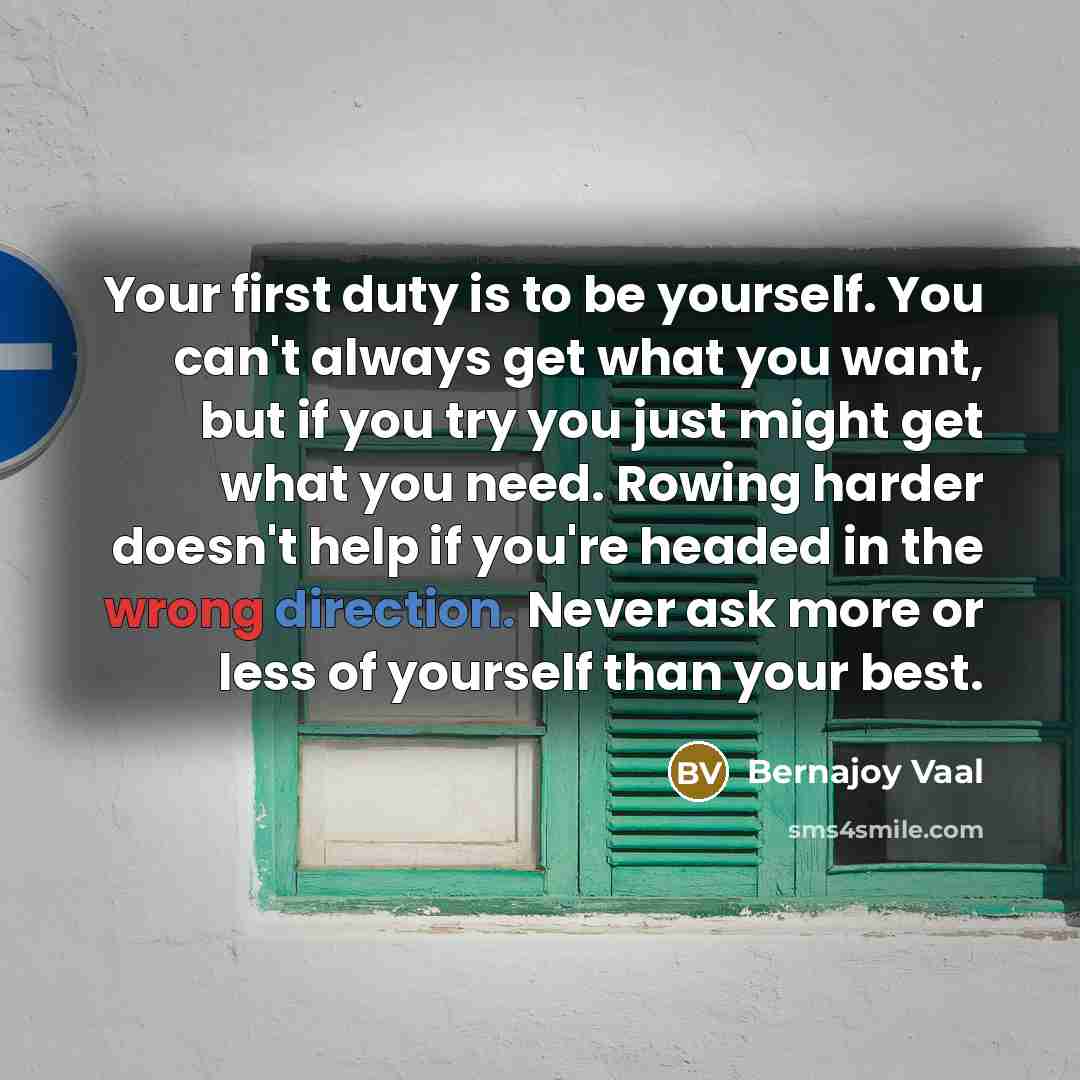 “Your first duty is to be yourself. You can't always get what you want, but if you try you just might get what you need. Rowing harder doesn't help if you're headed in the wrong direction. Never ask more or less of yourself than your best.” quote by Bernajoy Vaal