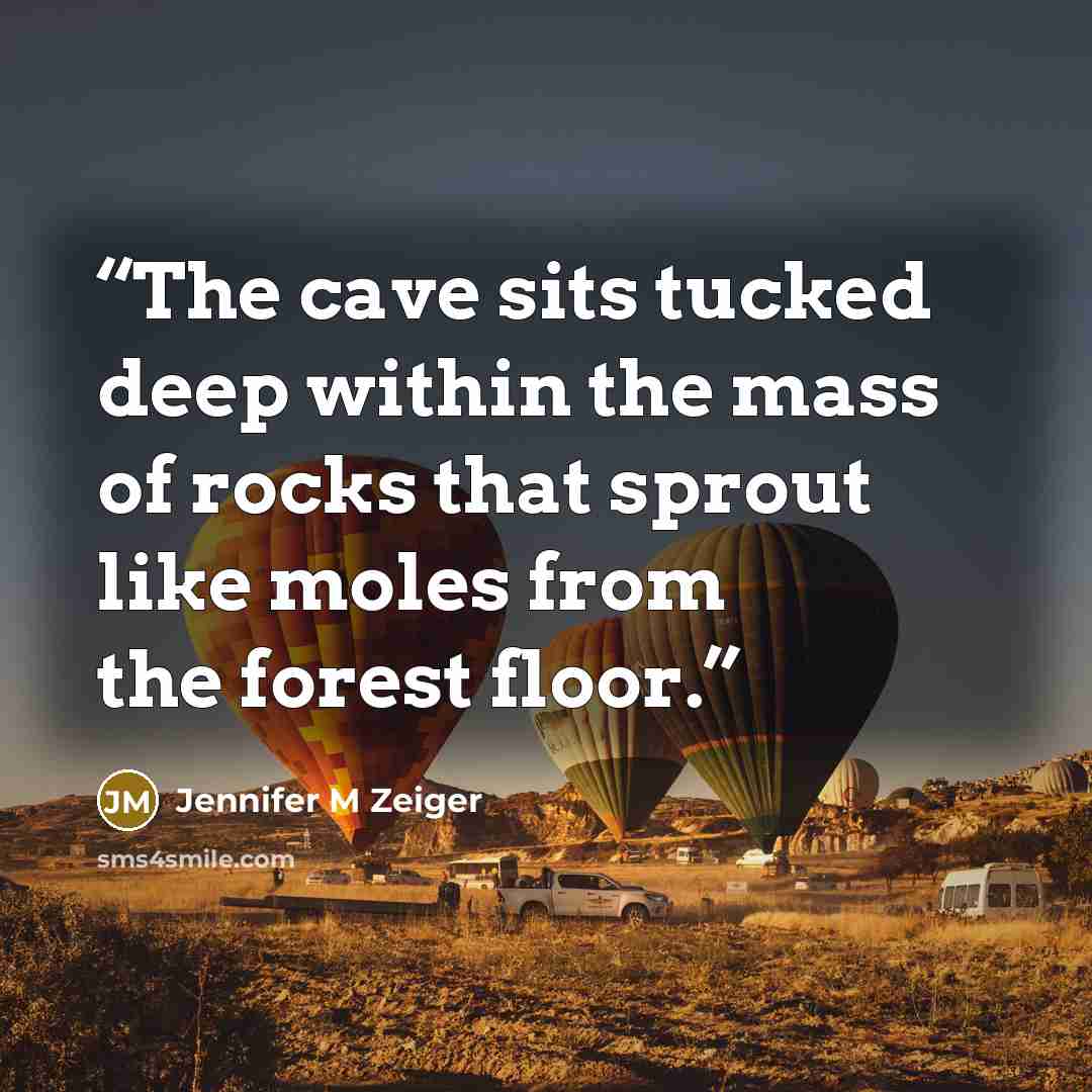 “The cave sits tucked deep within the mass of rocks that sprout like moles from the forest floor.” quote by Jennifer M Zeiger