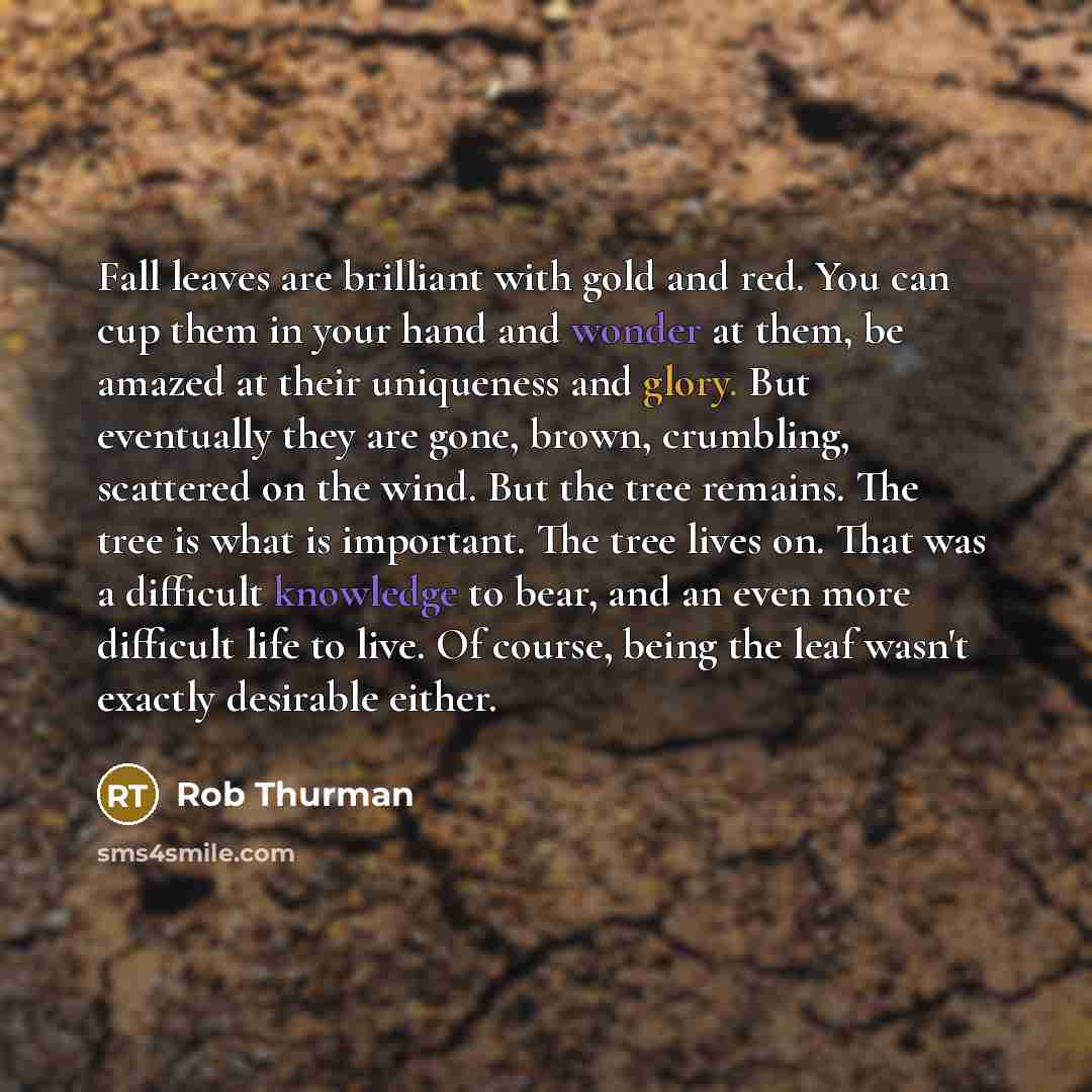 “Fall leaves are brilliant with gold and red. You can cup them in your hand and wonder at them, be amazed at their uniqueness and glory. But eventually they are gone, brown, crumbling, scattered on the wind. But the tree remains. The tree is what is important. The tree lives on. That was a…” quote by Rob Thurman