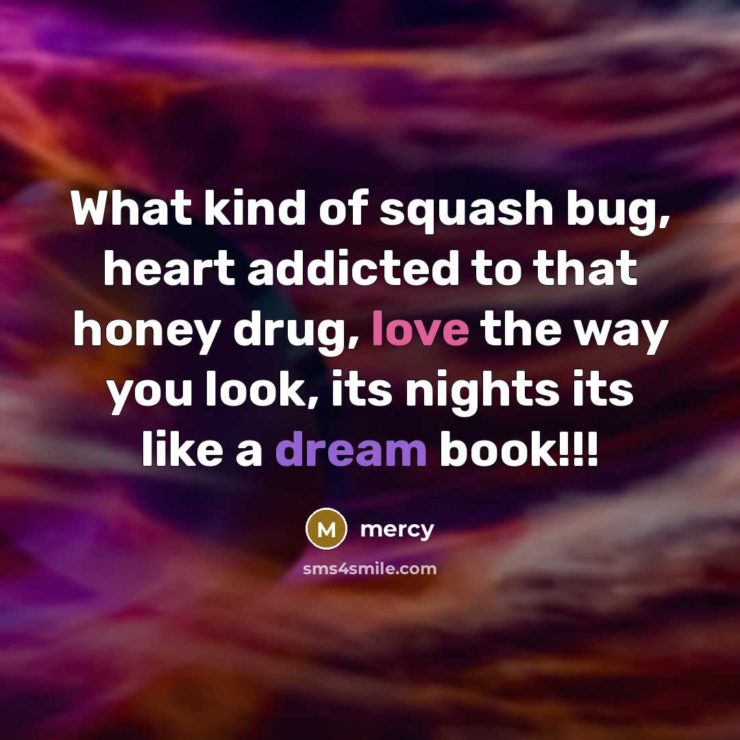 “What kind of squash bug, heart addicted to that honey drug, love the way you look, its nights its like a dream book!!!” quote by Mercy