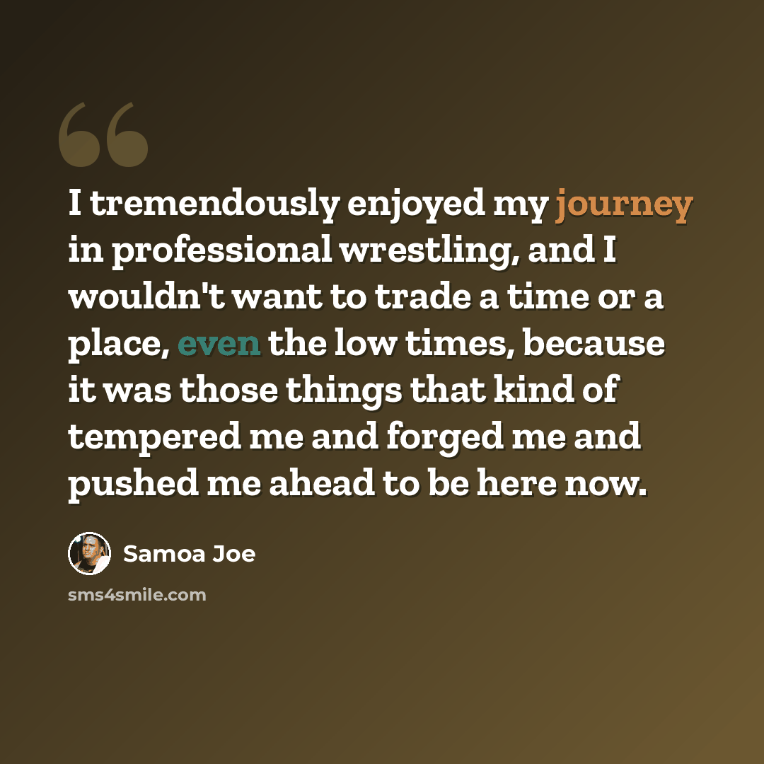 “I tremendously enjoyed my journey in professional wrestling, and I wouldn't want to trade a time or a place, even the low times, because it was those things that kind of tempered me and forged me and pushed me ahead to be here now.” quote by Samoa Joe
