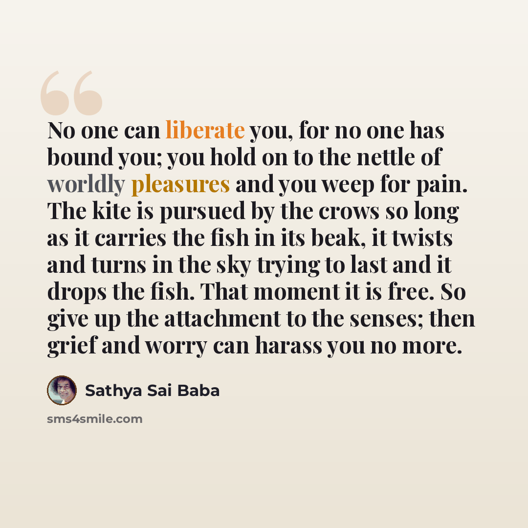 “No one can liberate you, for no one has bound you; you hold on to the nettle of worldly pleasures and you weep for pain. The kite is pursued by the crows so long as it carries the fish in its beak, it twists and turns in the sky trying to last and it drops the fish. That moment it is free. So give…” quote by Sathya Sai Baba
