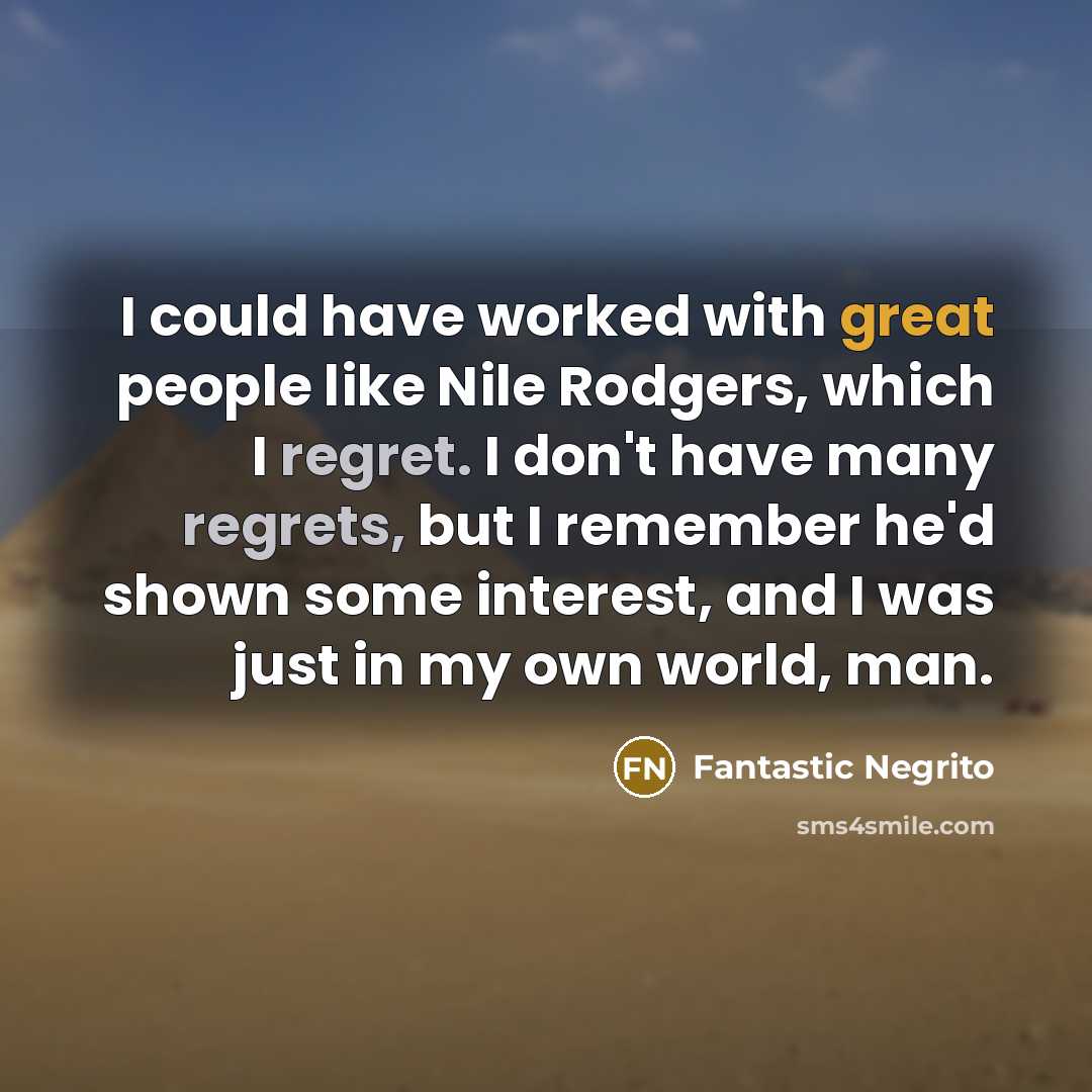 “I could have worked with great people like Nile Rodgers, which I regret. I don't have many regrets, but I remember he'd shown some interest, and I was just in my own world, man.” quote by Fantastic Negrito