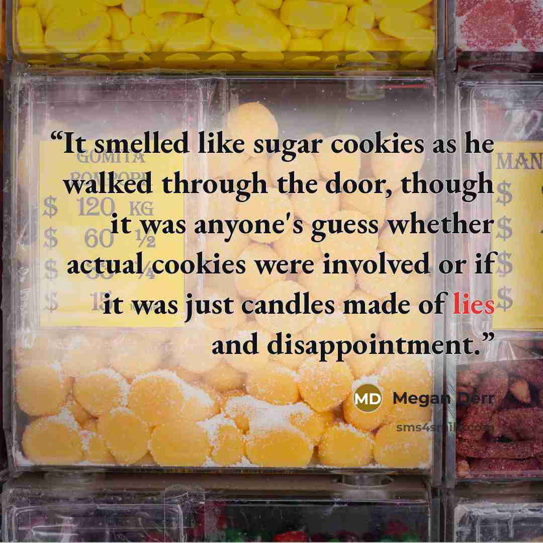 “It smelled like sugar cookies as he walked through the door, though it was anyone's guess whether actual cookies were involved or if it was just candles made of lies and disappointment.” quote by Megan Derr