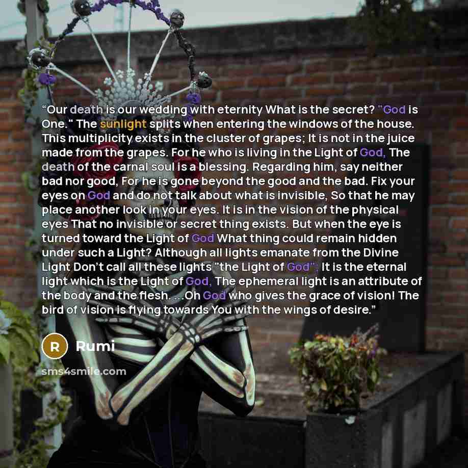 “Our death is our wedding with eternity What is the secret? "God is One." The sunlight splits when entering the windows of the house. This multiplicity exists in the cluster of grapes; It is not in the juice made from the grapes. For he who is living in the Light of God, The death of the carnal…” quote by Rumi