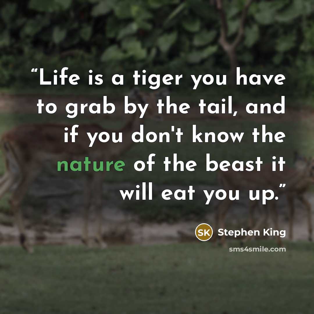 “Life is a tiger you have to grab by the tail, and if you don't know the nature of the beast it will eat you up.” quote by Stephen King