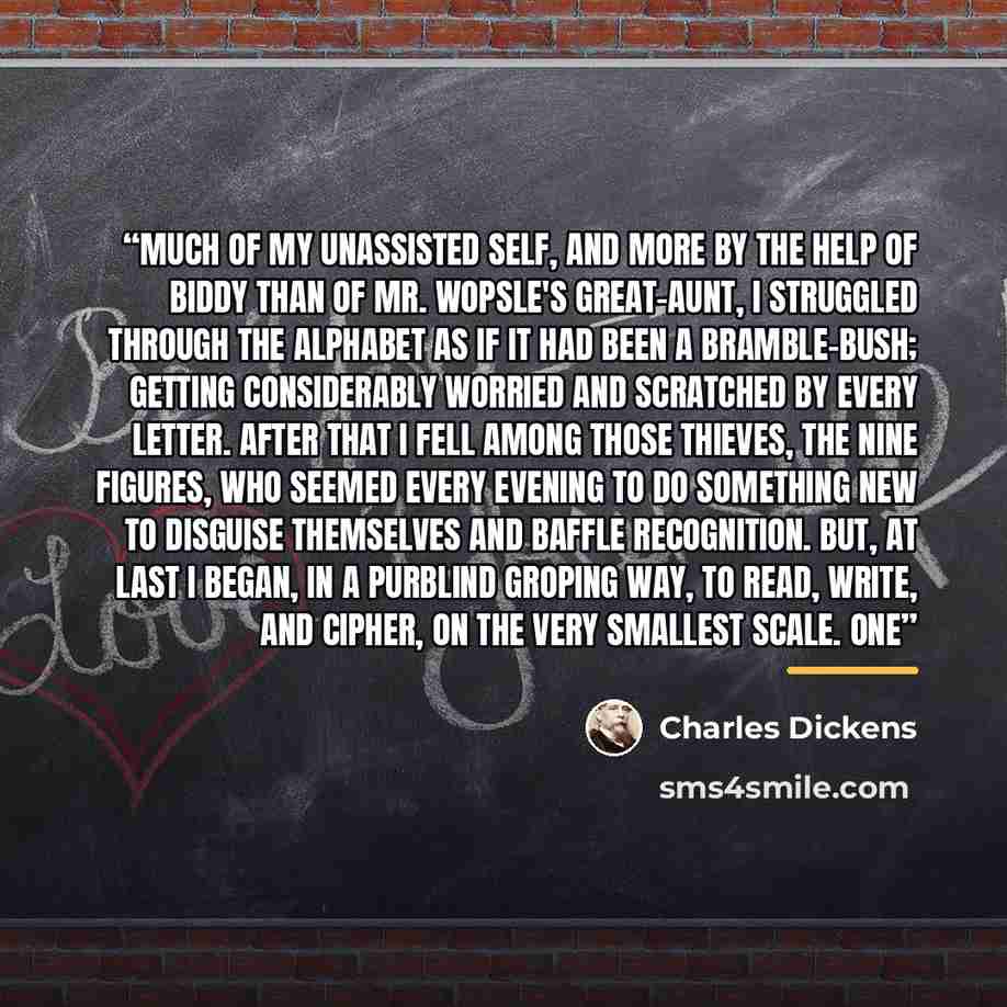“Much of my unassisted self, and more by the help of Biddy than of Mr. Wopsle's great-aunt, I struggled through the alphabet as if it had been a bramble-bush; getting considerably worried and scratched by every letter. After that I fell among those thieves, the nine figures, who seemed every…” quote by Charles Dickens