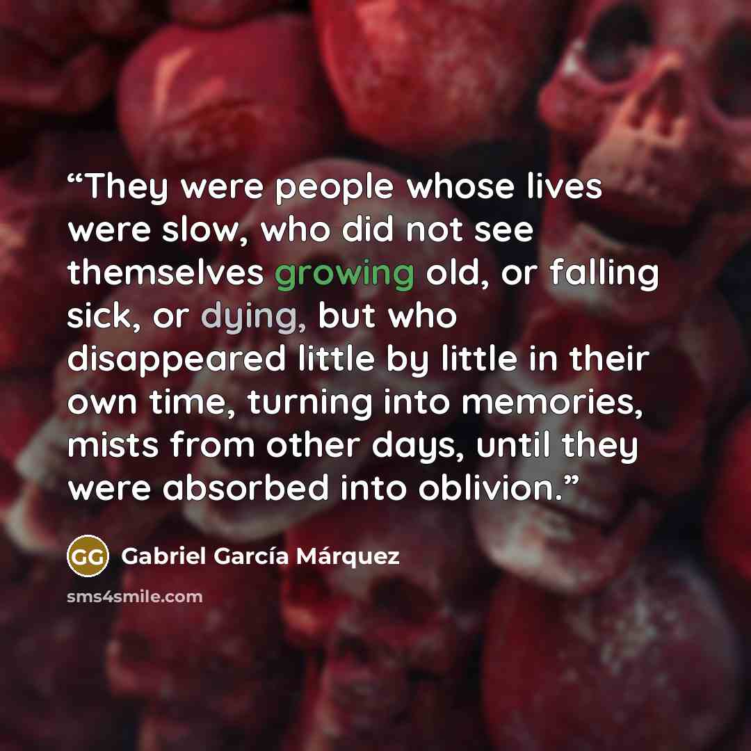 “They were people whose lives were slow, who did not see themselves growing old, or falling sick, or dying, but who disappeared little by little in their own time, turning into memories, mists from other days, until they were absorbed into oblivion.” quote by Gabriel García Márquez