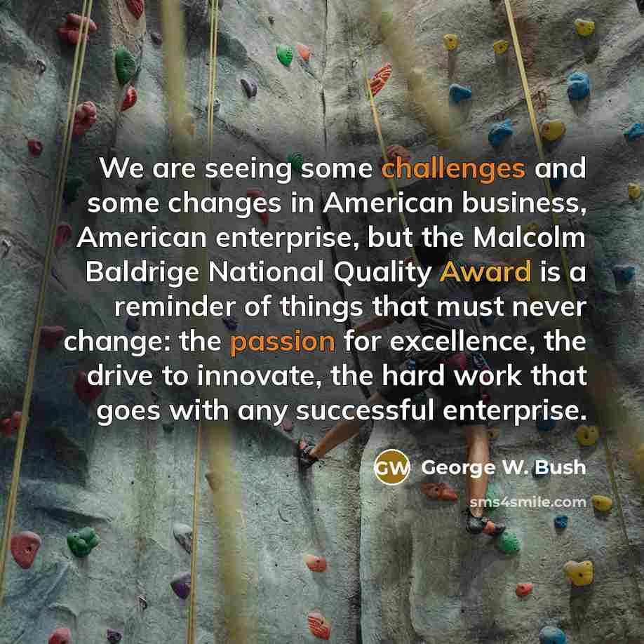 “We are seeing some challenges and some changes in American business, American enterprise, but the Malcolm Baldrige National Quality Award is a reminder of things that must never change: the passion for excellence, the drive to innovate, the hard work that goes with any successful enterprise.” quote by George W. Bush