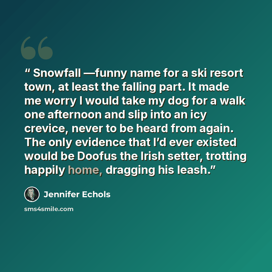 “Snowfall —funny name for a ski resort town, at least the falling part. It made me worry I would take my dog for a walk one afternoon and slip into an icy crevice, never to be heard from again. The only evidence that I’d ever existed would be Doofus the Irish setter, trotting happily home, dragging…” quote by jennifer echols