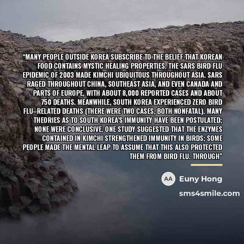“Many people outside Korea subscribe to the belief that Korean food contains mystic healing properties. The SARS bird flu epidemic of 2003 made kimchi ubiquitous throughout Asia. SARs raged throughout China, Southeast Asia, and even Canada and parts of Europe, with about 8,000 reported cases and…” quote by Euny Hong
