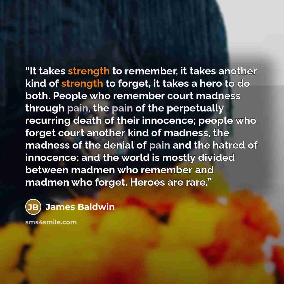 “It takes strength to remember, it takes another kind of strength to forget, it takes a hero to do both. People who remember court madness through pain, the pain of the perpetually recurring death of their innocence; people who forget court another kind of madness, the madness of the denial of pain…” quote by James Baldwin
