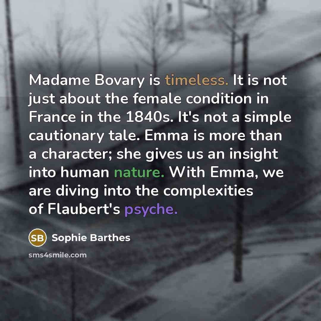 “Madame Bovary is timeless. It is not just about the female condition in France in the 1840s. It's not a simple cautionary tale. Emma is more than a character; she gives us an insight into human nature. With Emma, we are diving into the complexities of Flaubert's psyche.” quote by Sophie Barthes