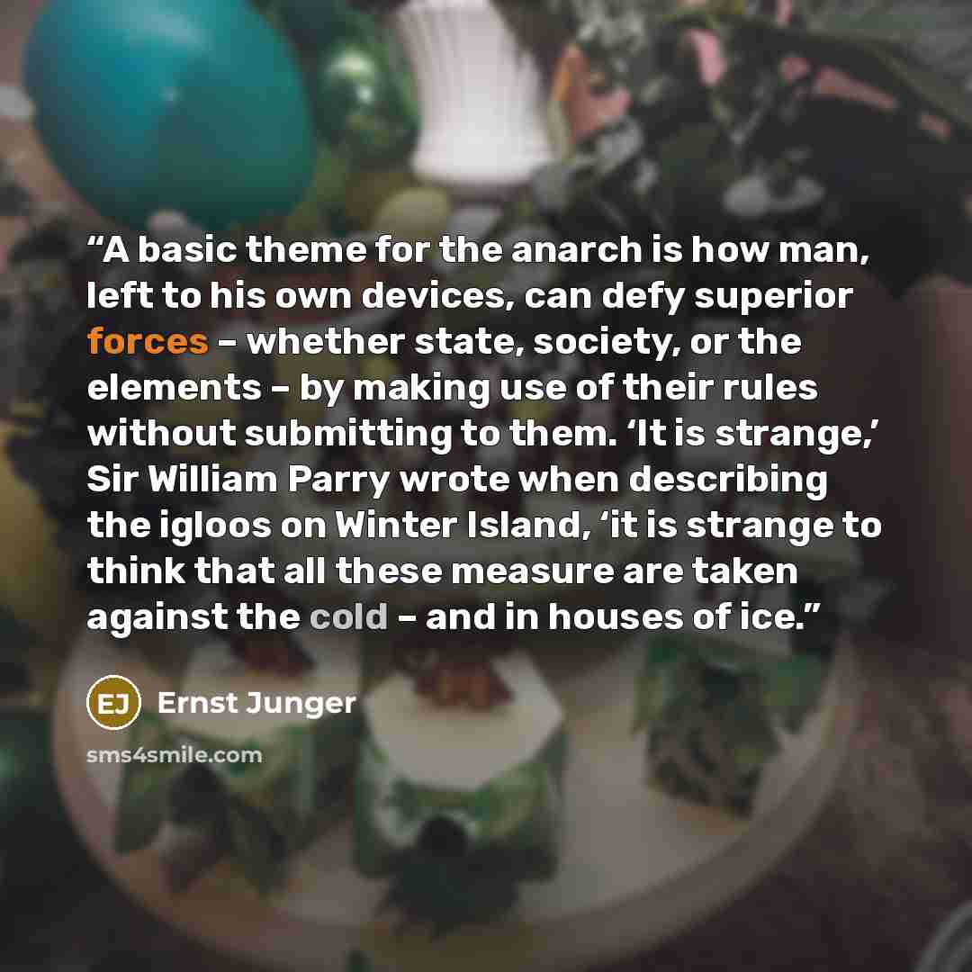 “A basic theme for the anarch is how man, left to his own devices, can defy superior forces – whether state, society, or the elements – by making use of their rules without submitting to them. ‘It is strange,’ Sir William Parry wrote when describing the igloos on Winter Island, ‘it is strange to…” quote by Ernst Jünger