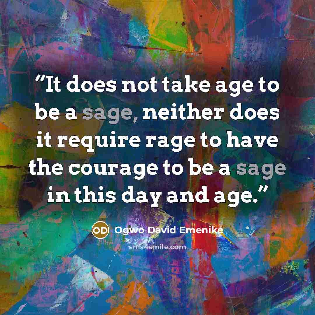 “It does not take age to be a sage, neither does it require rage to have the courage to be a sage in this day and age.” quote by Ogwo David Emenike