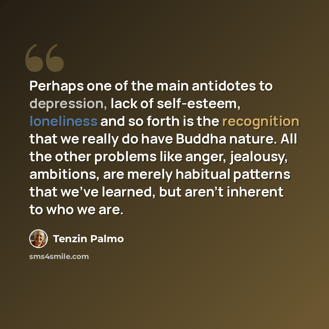 “Perhaps one of the main antidotes to depression, lack of self-esteem, loneliness and so forth is the recognition that we really do have Buddha nature. All the other problems like anger, jealousy, ambitions, are merely habitual patterns that we've learned, but aren't inherent to who we are.” quote by Tenzin Palmo