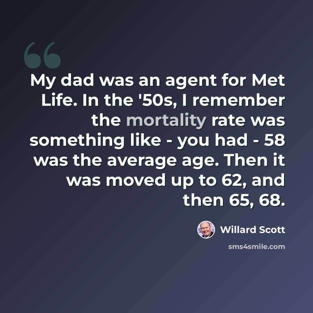“My dad was an agent for Met Life. In the '50s, I remember the mortality rate was something like - you had - 58 was the average age. Then it was moved up to 62, and then 65, 68.” quote by Willard Scott