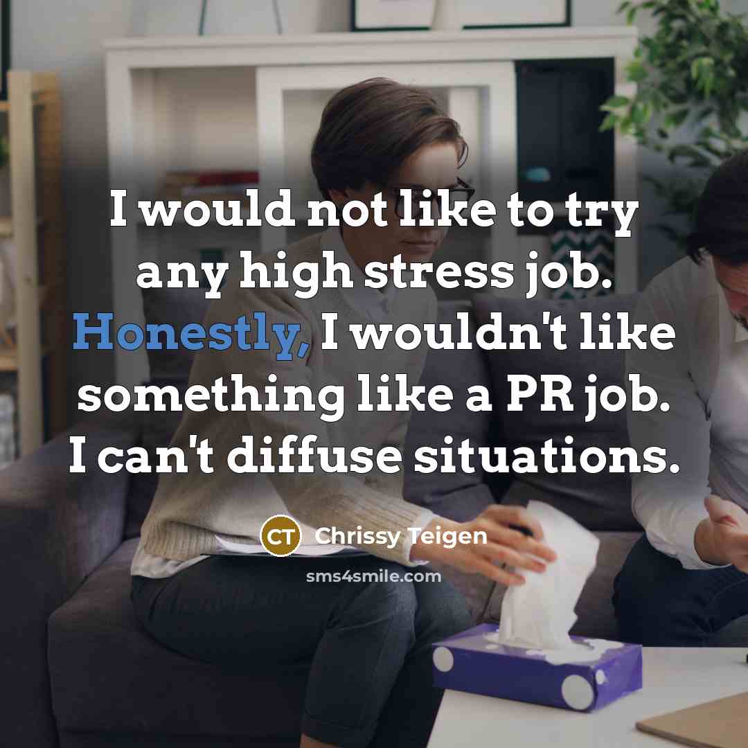 “I would not like to try any high stress job. Honestly, I wouldn't like something like a PR job. I can't diffuse situations.” quote by Chrissy Teigen