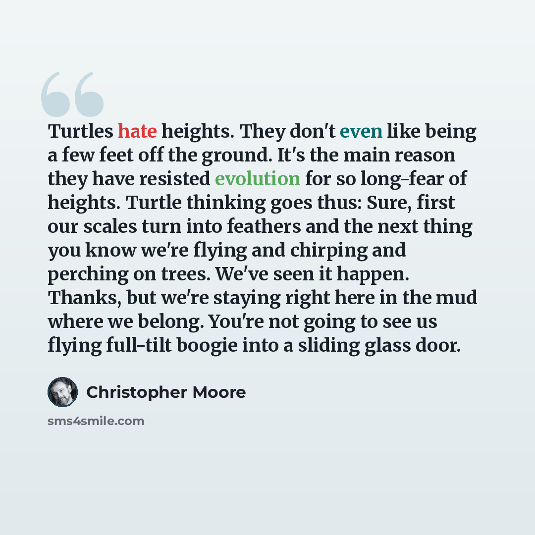“Turtles hate heights. They don't even like being a few feet off the ground. It's the main reason they have resisted evolution for so long-fear of heights. Turtle thinking goes thus: Sure, first our scales turn into feathers and the next thing you know we're flying and chirping and perching on…” quote by Christopher Moore