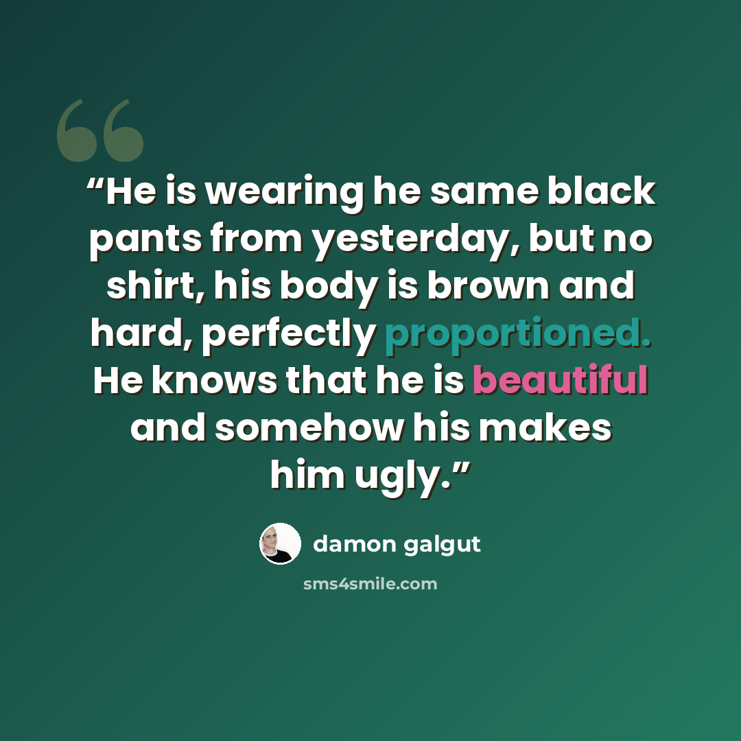 “He is wearing he same black pants from yesterday, but no shirt, his body is brown and hard, perfectly proportioned. He knows that he is beautiful and somehow his makes him ugly.” quote by damon galgut