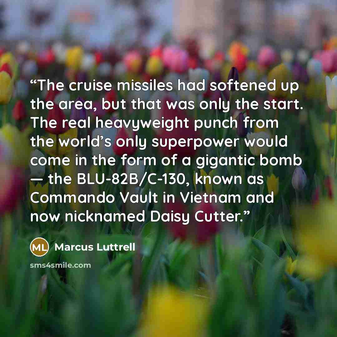 “The cruise missiles had softened up the area, but that was only the start. The real heavyweight punch from the world’s only superpower would come in the form of a gigantic bomb — the BLU-82B/C-130, known as Commando Vault in Vietnam and now nicknamed Daisy Cutter.” quote by Marcus Luttrell