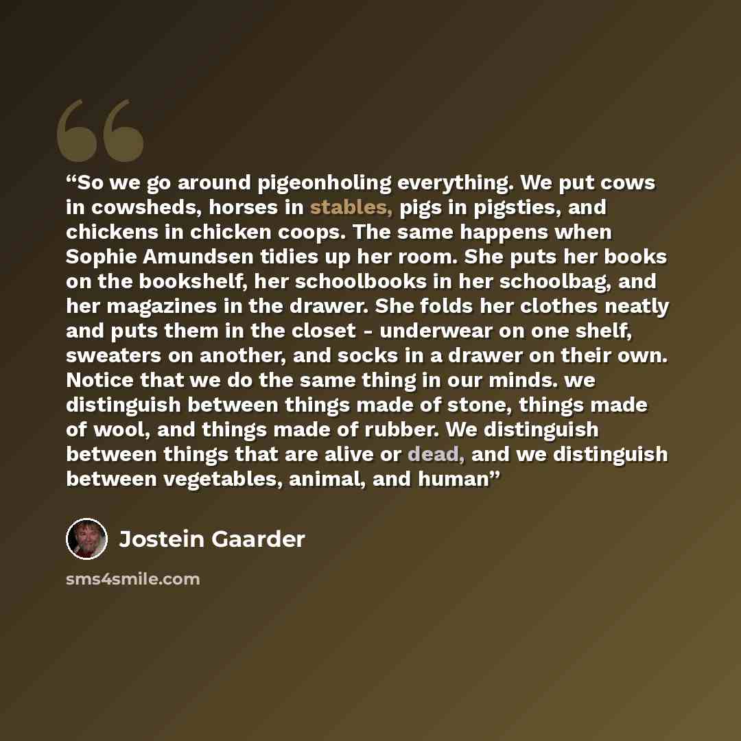 “So we go around pigeonholing everything. We put cows in cowsheds, horses in stables, pigs in pigsties, and chickens in chicken coops. The same happens when Sophie Amundsen tidies up her room. She puts her books on the bookshelf, her schoolbooks in her schoolbag, and her magazines in the drawer…” quote by Jostein Gaarder