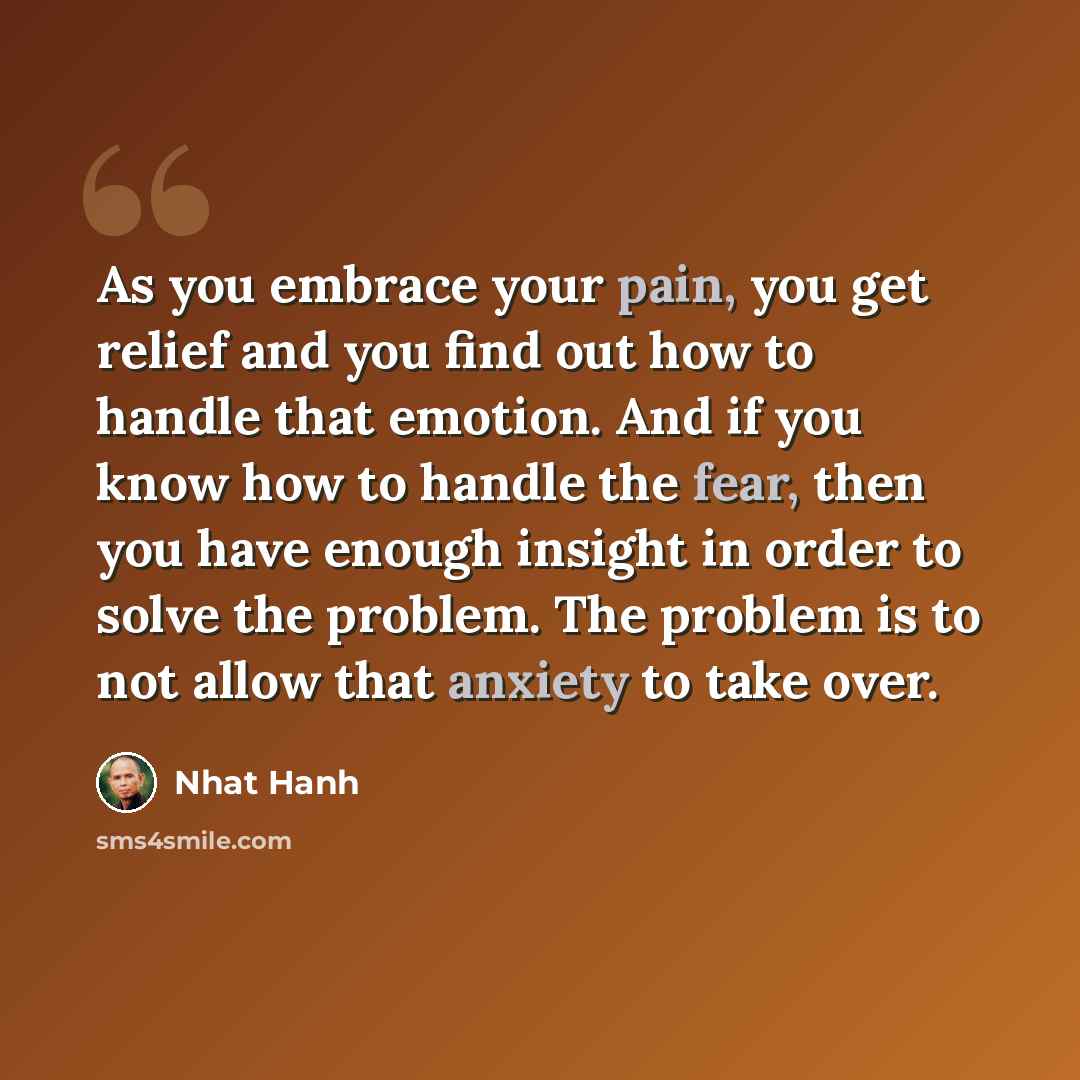 “As you embrace your pain, you get relief and you find out how to handle that emotion. And if you know how to handle the fear, then you have enough insight in order to solve the problem. The problem is to not allow that anxiety to take over.” quote by Nhat Hanh