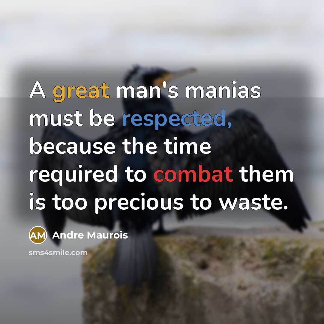 “A great man's manias must be respected, because the time required to combat them is too precious to waste.” quote by Andre Maurois