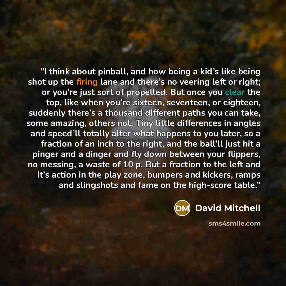 “I think about pinball, and how being a kid’s like being shot up the firing lane and there’s no veering left or right; or you’re just sort of propelled. But once you clear the top, like when you’re sixteen, seventeen, or eighteen, suddenly there’s a thousand different paths you can take, some…” quote by David Mitchell