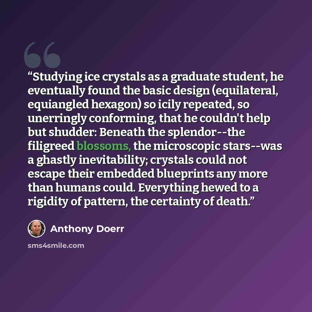 “Studying ice crystals as a graduate student, he eventually found the basic design (equilateral, equiangled hexagon) so icily repeated, so unerringly conforming, that he couldn't help but shudder: Beneath the splendor--the filigreed blossoms, the microscopic stars--was a ghastly inevitability…” quote by Anthony Doerr