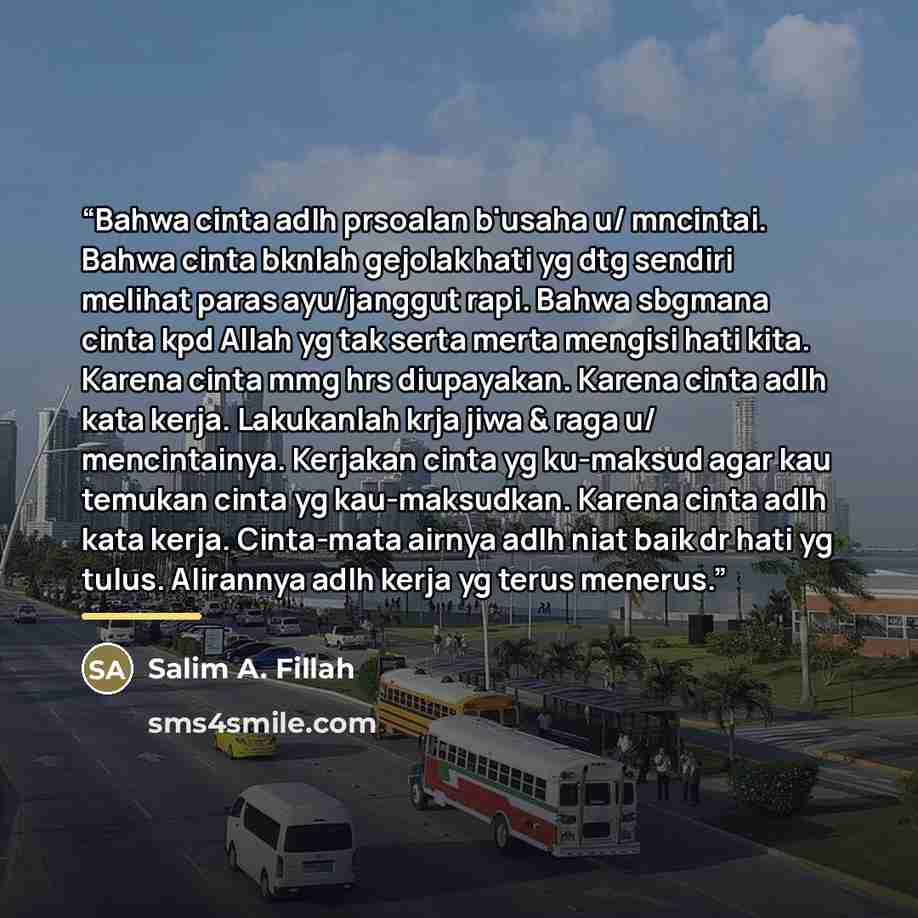 “Bahwa cinta adlh prsoalan b'usaha u/ mncintai. Bahwa cinta bknlah gejolak hati yg dtg sendiri melihat paras ayu/janggut rapi. Bahwa sbgmana cinta kpd Allah yg tak serta merta mengisi hati kita. Karena cinta mmg hrs diupayakan. Karena cinta adlh kata kerja. Lakukanlah krja jiwa & raga u/…” quote by Salim A. Fillah