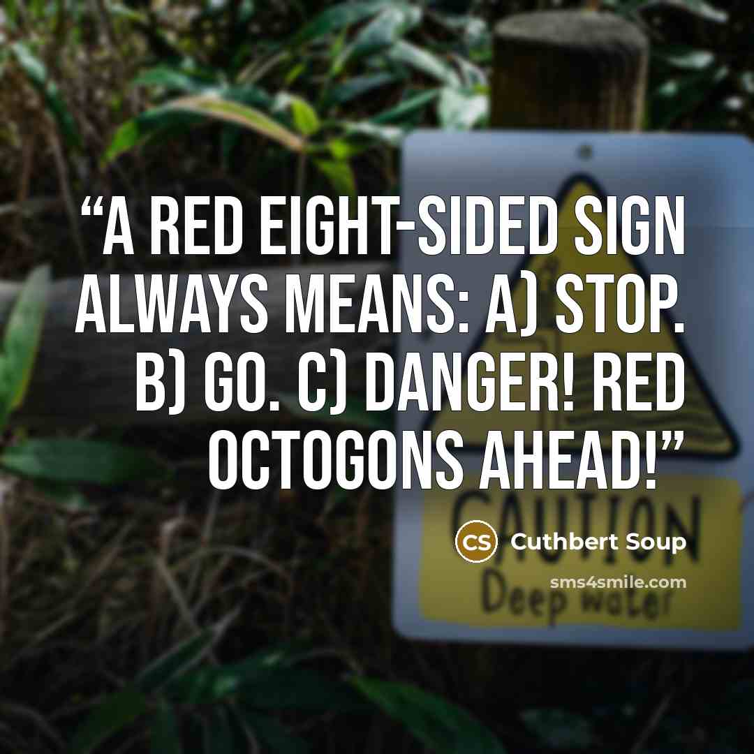“A red eight-sided sign always means: A) Stop. B) Go. C) Danger! Red octogons ahead!” quote by Cuthbert Soup