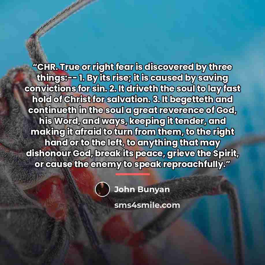 “CHR. True or right fear is discovered by three things:-- 1. By its rise; it is caused by saving convictions for sin. 2. It driveth the soul to lay fast hold of Christ for salvation. 3. It begetteth and continueth in the soul a great reverence of God, his Word, and ways, keeping it tender, and…” quote by John Bunyan