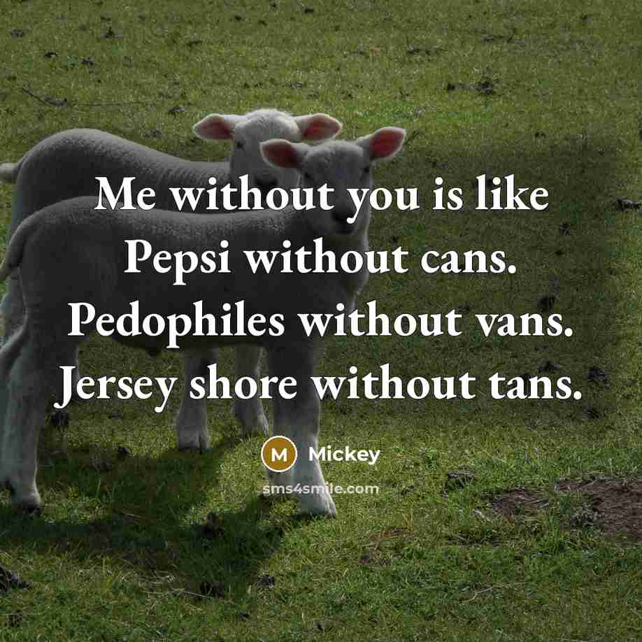 “Me without you is like Pepsi without cans. Pedophiles without vans. Jersey shore without tans.” quote by Mickey