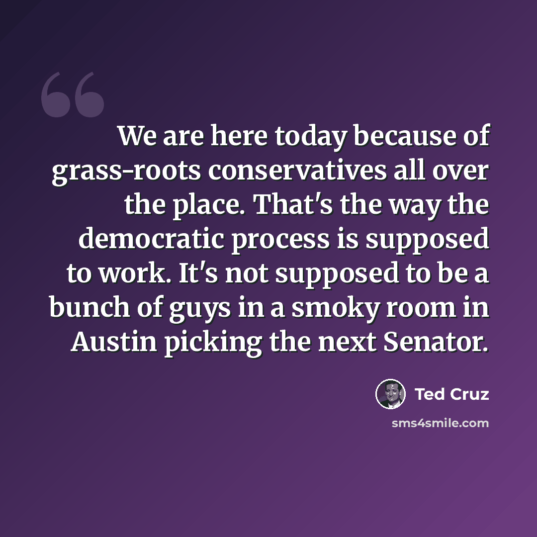 “We are here today because of grass-roots conservatives all over the place. That's the way the democratic process is supposed to work. It's not supposed to be a bunch of guys in a smoky room in Austin picking the next Senator.” quote by Ted Cruz