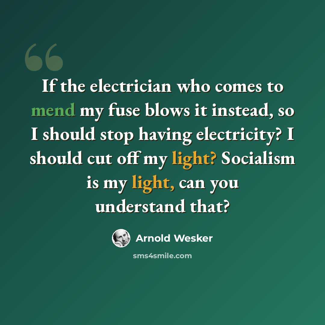 “If the electrician who comes to mend my fuse blows it instead, so I should stop having electricity? I should cut off my light? Socialism is my light, can you understand that?” quote by Arnold Wesker