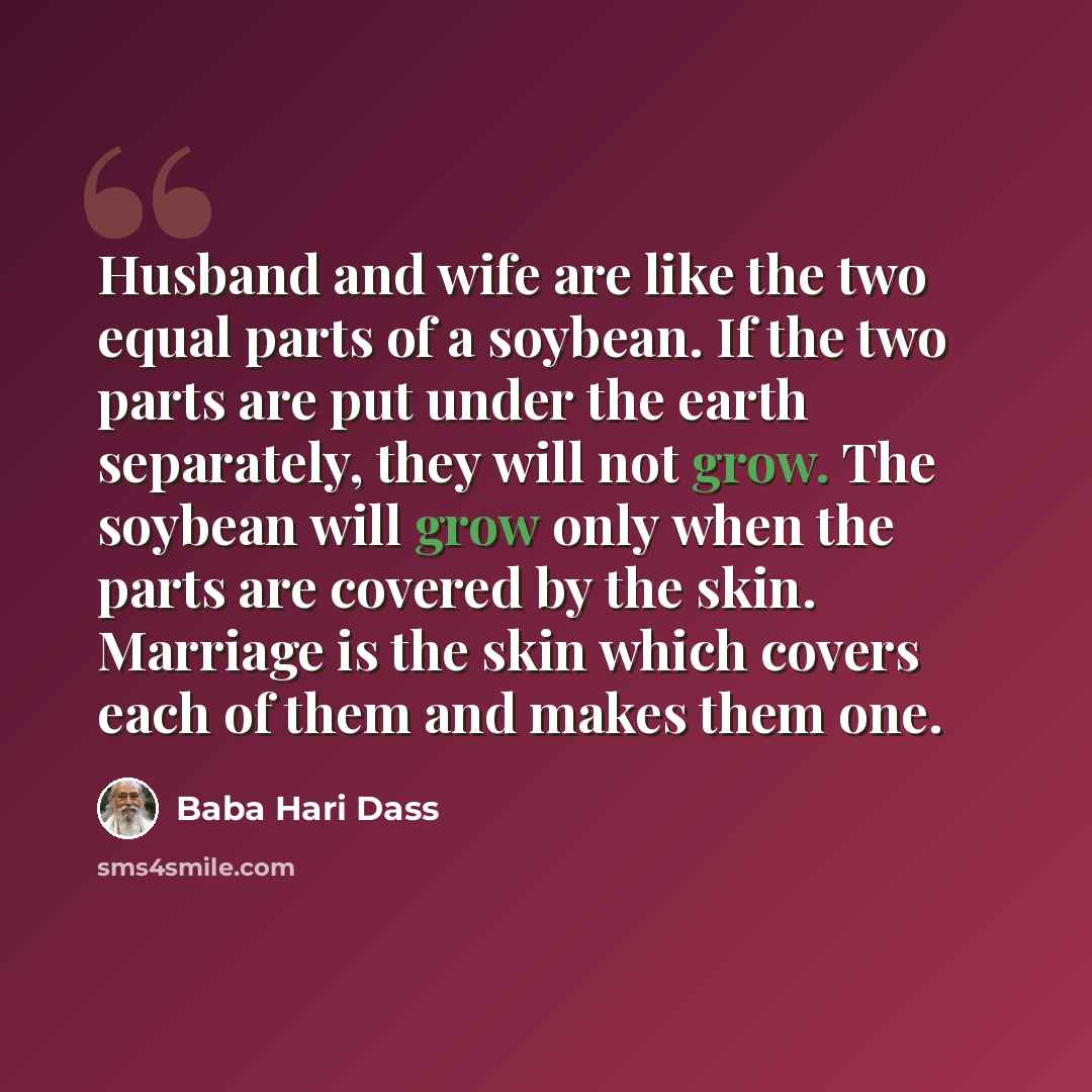 “Husband and wife are like the two equal parts of a soybean. If the two parts are put under the earth separately, they will not grow. The soybean will grow only when the parts are covered by the skin. Marriage is the skin which covers each of them and makes them one.” quote by Baba Hari Dass
