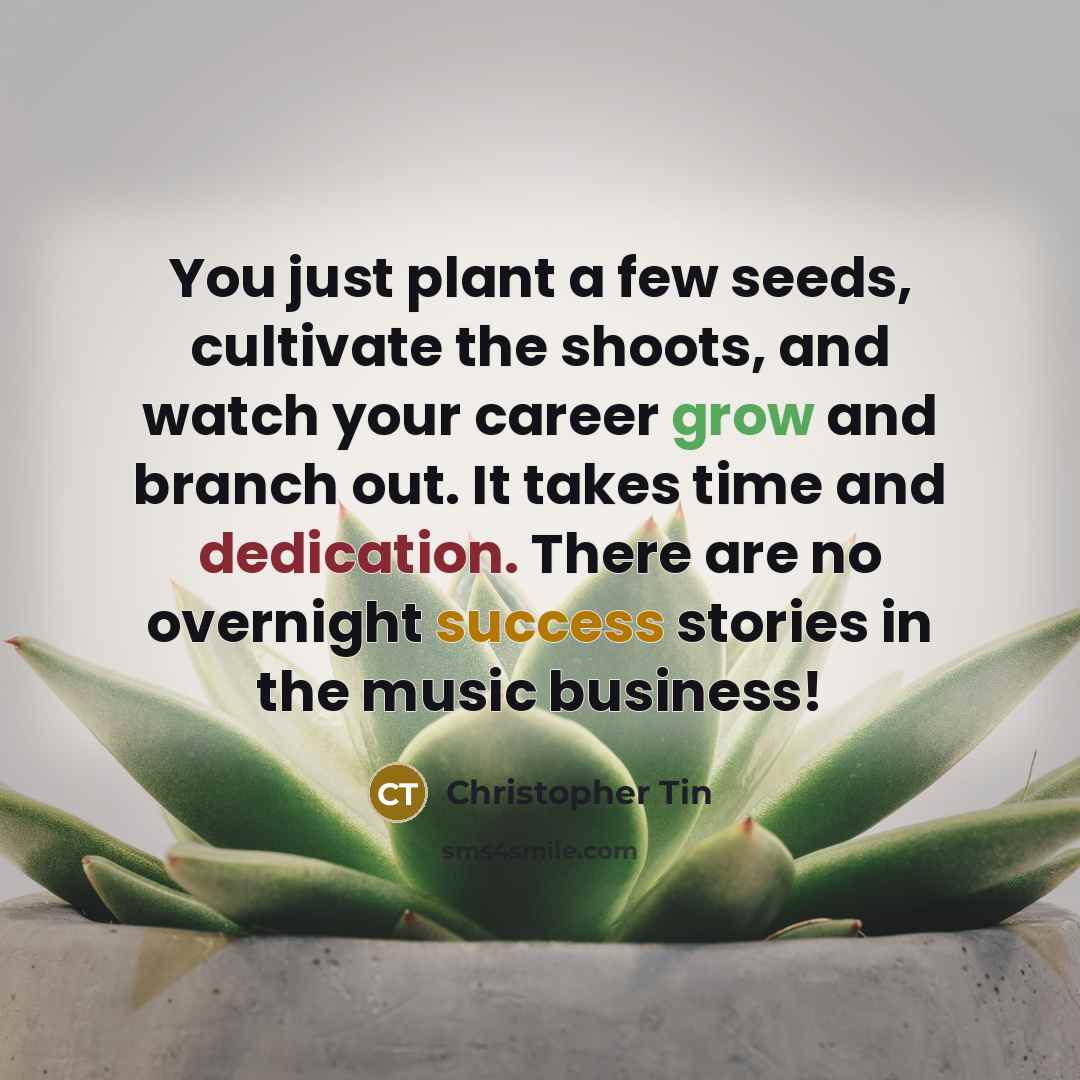 “You just plant a few seeds, cultivate the shoots, and watch your career grow and branch out. It takes time and dedication. There are no overnight success stories in the music business!” quote by Christopher Tin