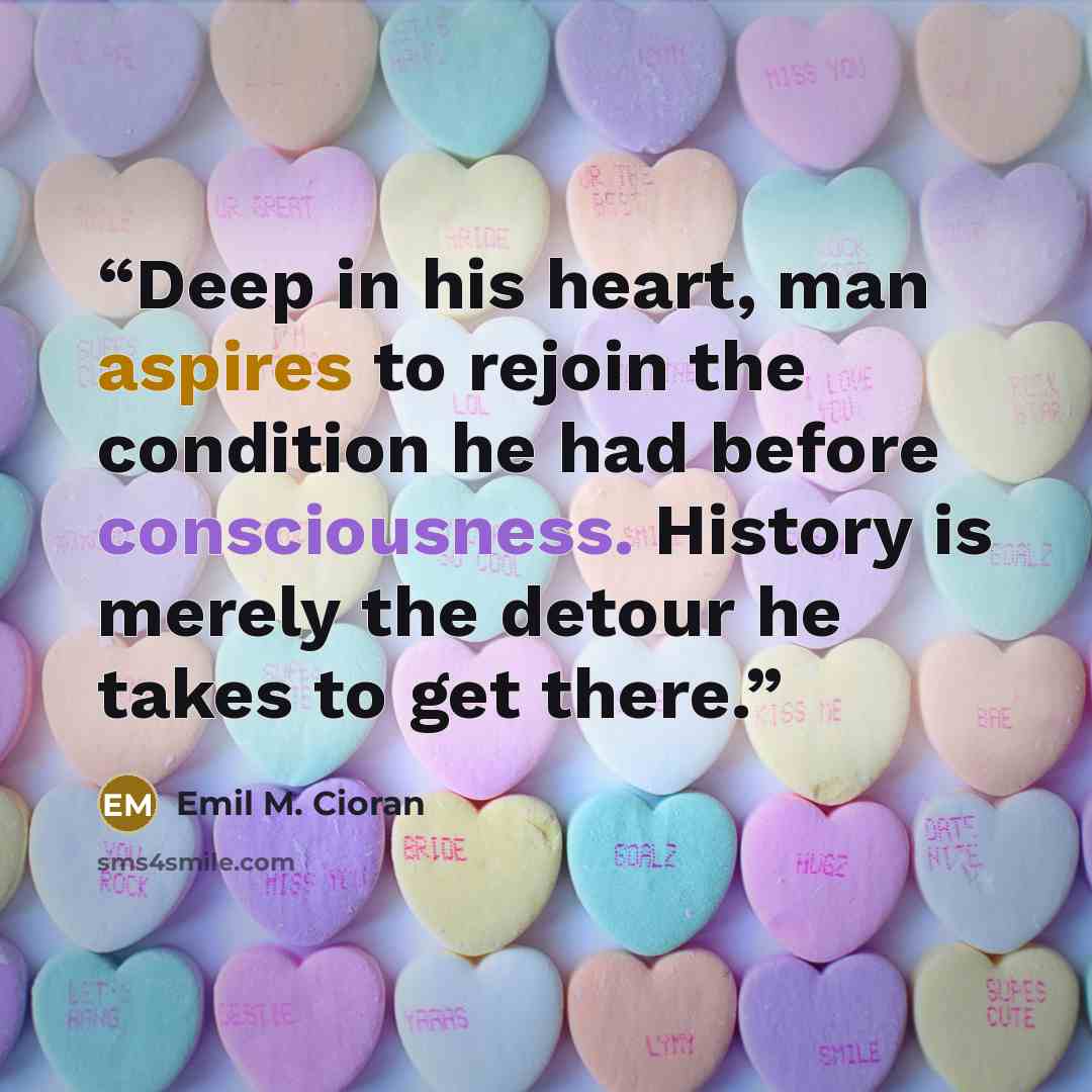 “Deep in his heart, man aspires to rejoin the condition he had before consciousness. History is merely the detour he takes to get there.” quote by Emil M. Cioran