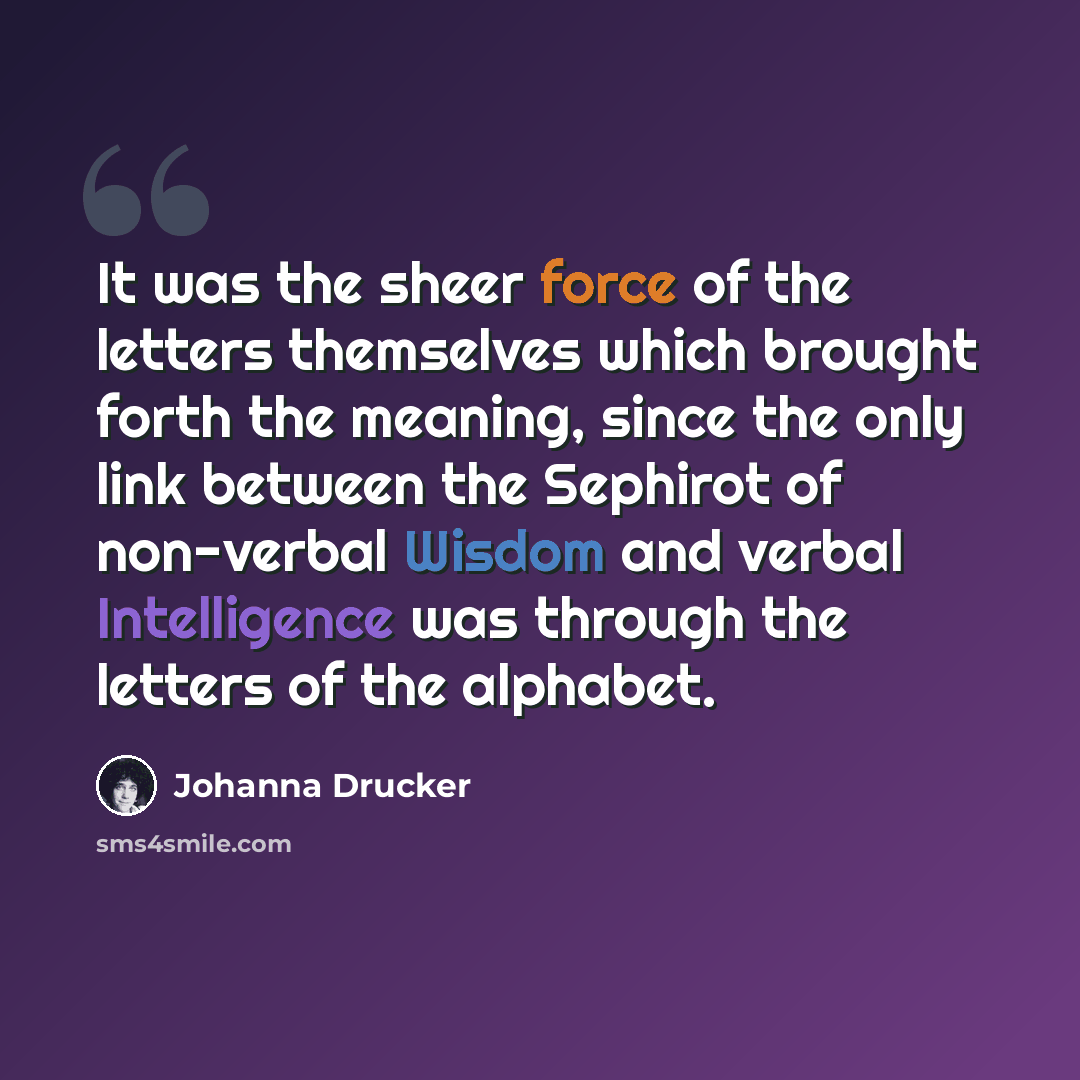 “It was the sheer force of the letters themselves which brought forth the meaning, since the only link between the Sephirot of non-verbal Wisdom and verbal Intelligence was through the letters of the alphabet.” quote by Johanna Drucker