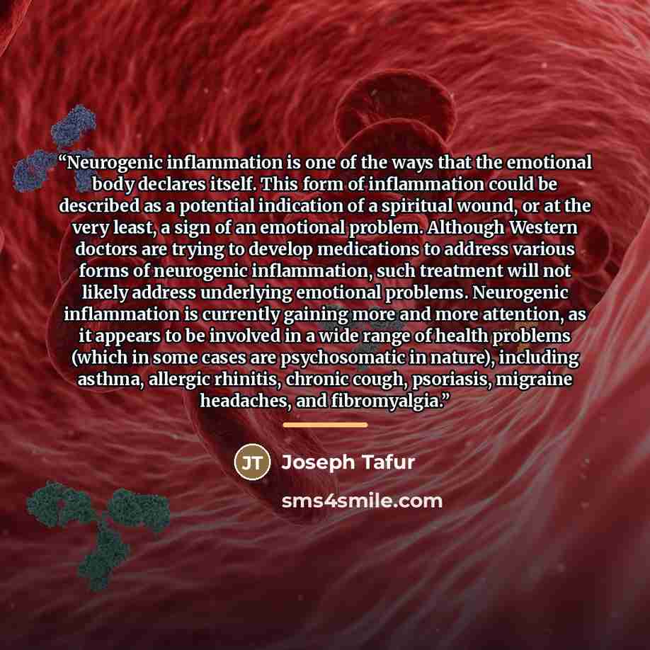 “Neurogenic inflammation is one of the ways that the emotional body declares itself. This form of inflammation could be described as a potential indication of a spiritual wound, or at the very least, a sign of an emotional problem. Although Western doctors are trying to develop medications to…” quote by Joseph Tafur