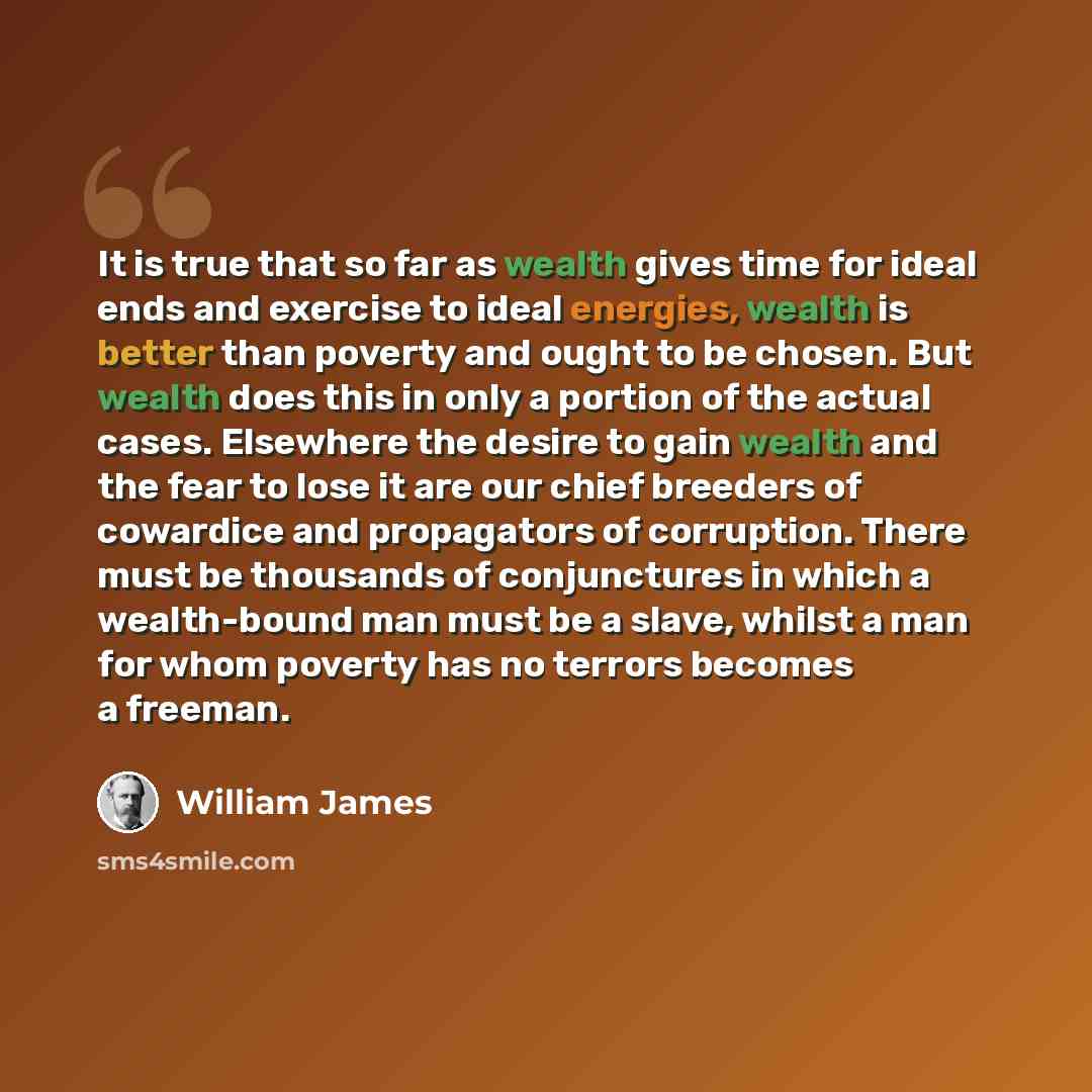 “It is true that so far as wealth gives time for ideal ends and exercise to ideal energies, wealth is better than poverty and ought to be chosen. But wealth does this in only a portion of the actual cases. Elsewhere the desire to gain wealth and the fear to lose it are our chief breeders of…” quote by William James