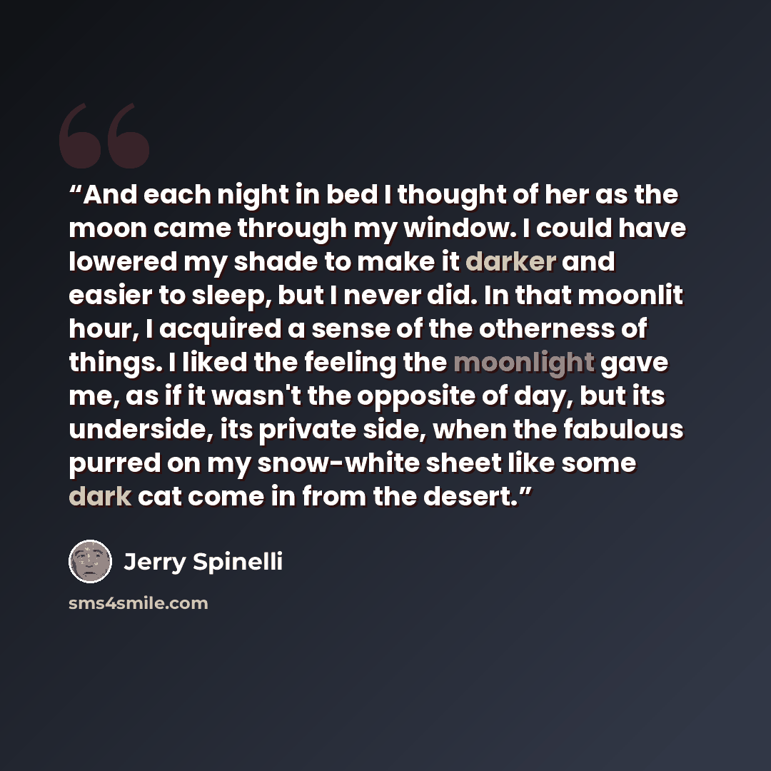 “And each night in bed I thought of her as the moon came through my window. I could have lowered my shade to make it darker and easier to sleep, but I never did. In that moonlit hour, I acquired a sense of the otherness of things. I liked the feeling the moonlight gave me, as if it wasn't the…” quote by Jerry Spinelli