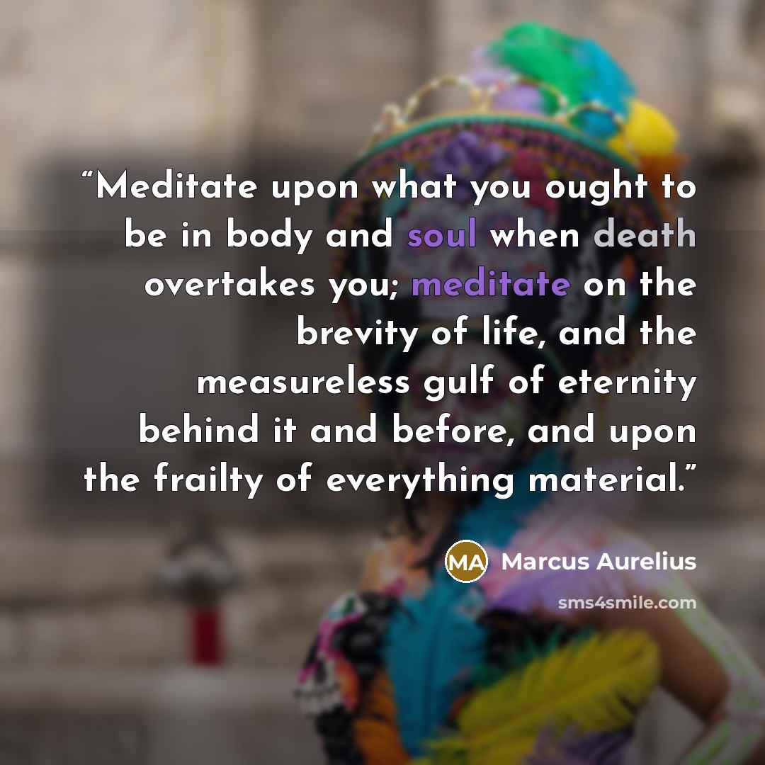 “Meditate upon what you ought to be in body and soul when death overtakes you; meditate on the brevity of life, and the measureless gulf of eternity behind it and before, and upon the frailty of everything material.” quote by Marcus Aurelius