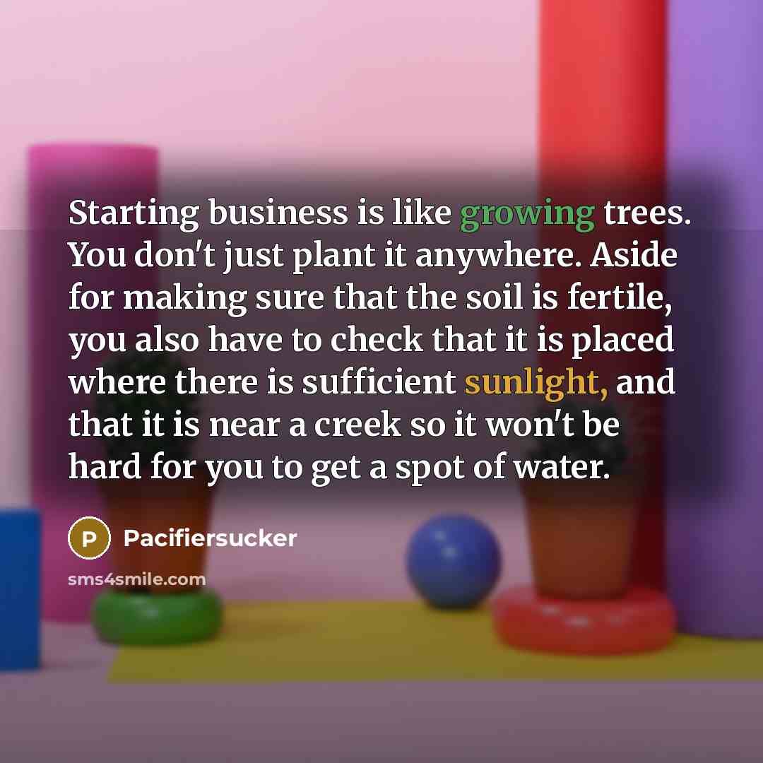 “Starting business is like growing trees. You don't just plant it anywhere. Aside for making sure that the soil is fertile, you also have to check that it is placed where there is sufficient sunlight, and that it is near a creek so it won't be hard for you to get a spot of water.” quote by Pacifiersucker
