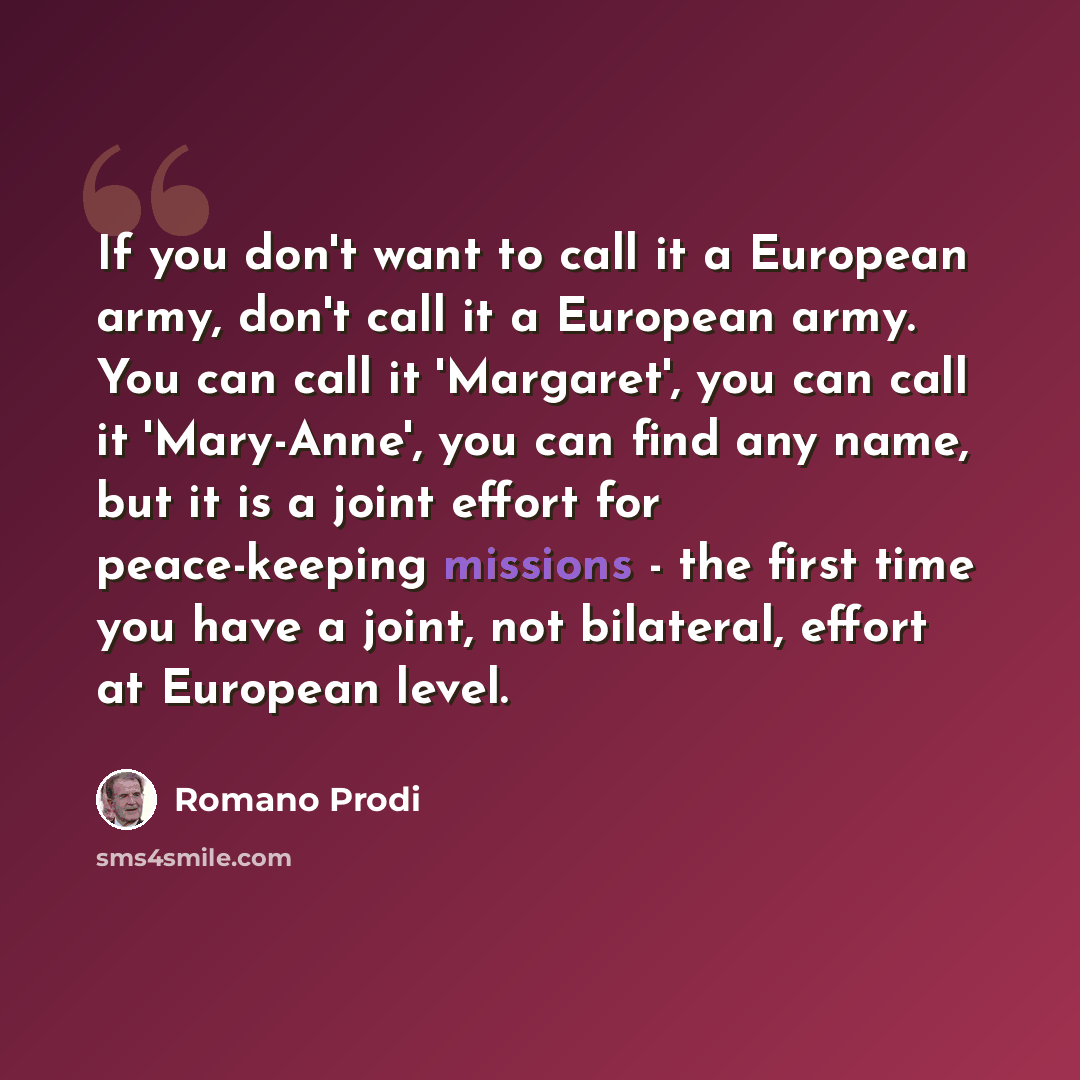 “If you don't want to call it a European army, don't call it a European army. You can call it 'Margaret', you can call it 'Mary-Anne', you can find any name, but it is a joint effort for peace-keeping missions - the first time you have a joint, not bilateral, effort at European level.” quote by Romano Prodi