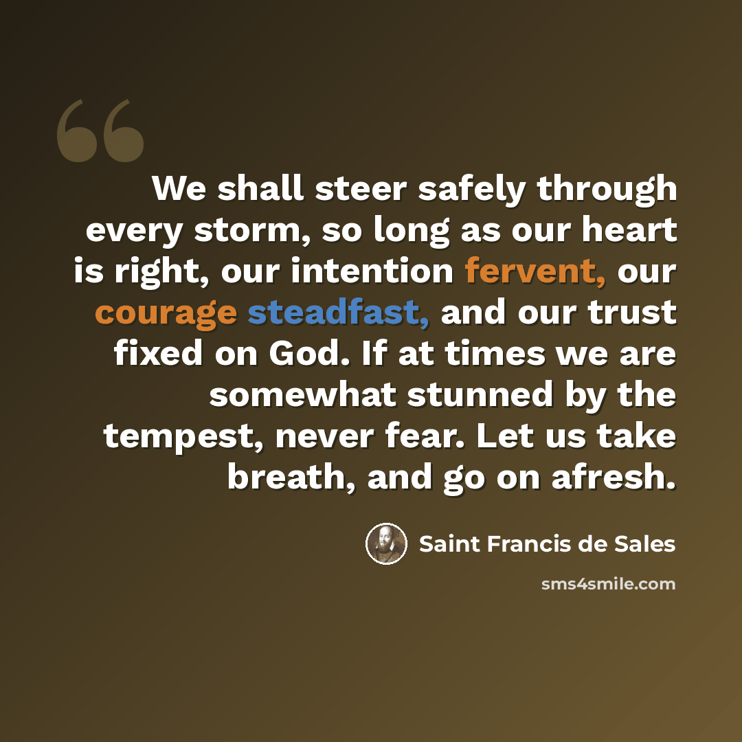 “We shall steer safely through every storm, so long as our heart is right, our intention fervent, our courage steadfast, and our trust fixed on God. If at times we are somewhat stunned by the tempest, never fear. Let us take breath, and go on afresh.” quote by Saint Francis de Sales